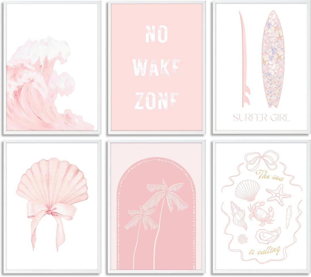 6pcs Pink Coastal Beach Preppy Wall Art Surfer Girl Bow Shells Aesthetic Painting Picture Wall Decor No Wake Zone Poster Print Artwork for Bedroom Bathroom Living Room Preppy Dorm Home Decoration (10L"x8W")