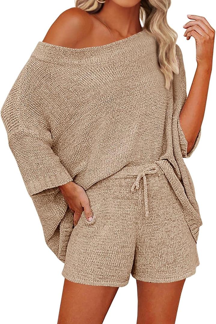 Mafulus Women's 2 Piece Outfits Sweater Sets Off Shoulder Knit Top Shorts Matching Suits Cute Pajama Lounge Set (Large, Khaki)