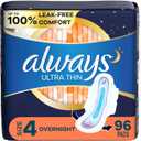 Always Ultra Thin Overnight Pads with Wings, Size 4, Overnight, 96 Count (Overnight (Size 4))