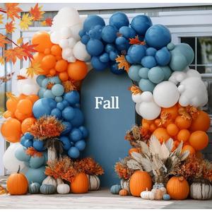 Fall Balloon Arch Kit, Double Stuffed Burnt Orange Blue White Balloon Garland Different Sizes for Fall Autumn Pumpkin Thanksgiving Birthday Baby Shower Bridal Wedding Party Decor