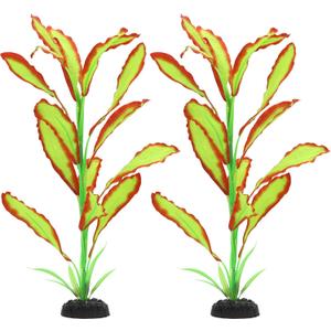 ALEGI Silk Aquarium Plants, 16 Inch Artificial Silk Plants Decorations for Fish Tank,Aquarium Dcor Plastic Plants (Light Green with Red, 2 Pack)