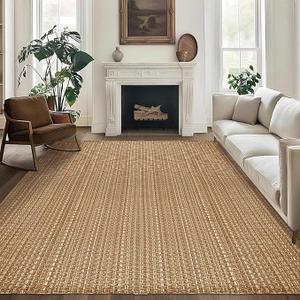Tan Brown Boho Faux Jute Area Rug 6x9 ft,Braided Solid Non Slip Rug | Washable neutral large carpet, suitable for living room, bedroom, dining room and office