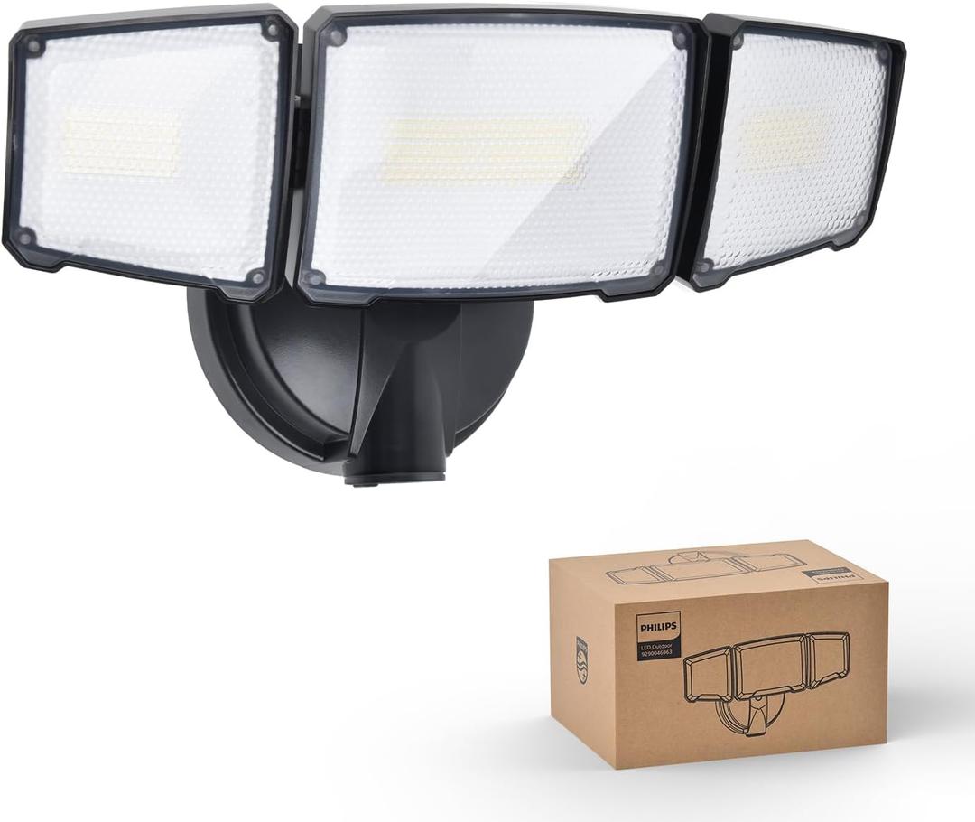 Philips 72W 7400LM LED Flood Lights Outdoor, Switch Controlled Aluminum Security Lights, 3 Adjustable Heads, Wall Mount, 5000K Daylight, Waterproof for Yard, Garage (black-on/off)