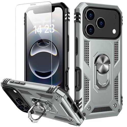 IKAZZ for iPhone 17 Pro Max Case 6.9 Inch with Screen Protector,Military Grade Shockproof Heavy Duty Protective Phone Cover Pass 16ft Drop Test with Magnetic Kickstand Car Mount Holder,Silver