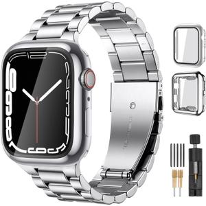 Lerobo Compatible for Apple Watch Band Ultra, Solid Stainless Steel Metal Band with 2 Pack Protective Case for iWtach Series 10 9 8 7 6 5 4 3 2 1 SE Men Women (Sliver), Size: 40mm