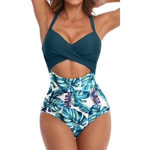 Eomenie Women's One Piece Swimsuits Tummy Control Cutout High Waisted Bathing Suit Wrap Tie Back 1 Piece Swimsuit (Medium, Blue Print 2)