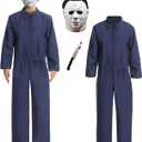 Halloween Michael Costume Adult, Mikes Jumpsuit with Mask and Knife, Horror Killer Cosplay for Men Women (X-Large, Blue(white Mask))