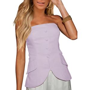 Fallorchid Women's Non functional Button Front Strapless Sleeveless Tops Vest Casual Split Hem Tube Top Large Lavender