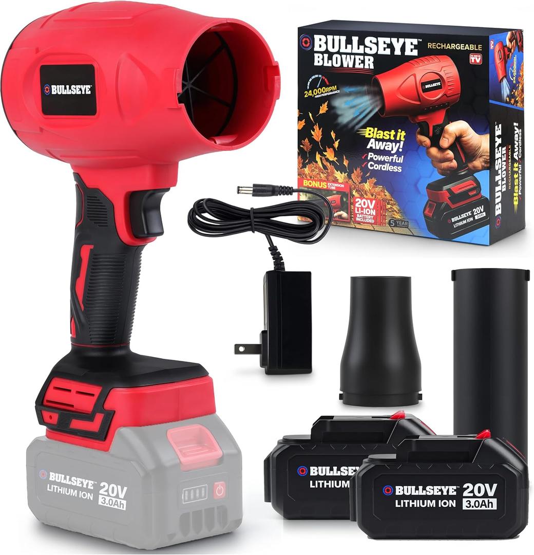 Bullseye Blower – Cordless Leaf Blower, Handheld Turbo Jet with 2 Batteries, 20V 350W Electric Air Power for Patio, Garage Cleaning and Car Drying