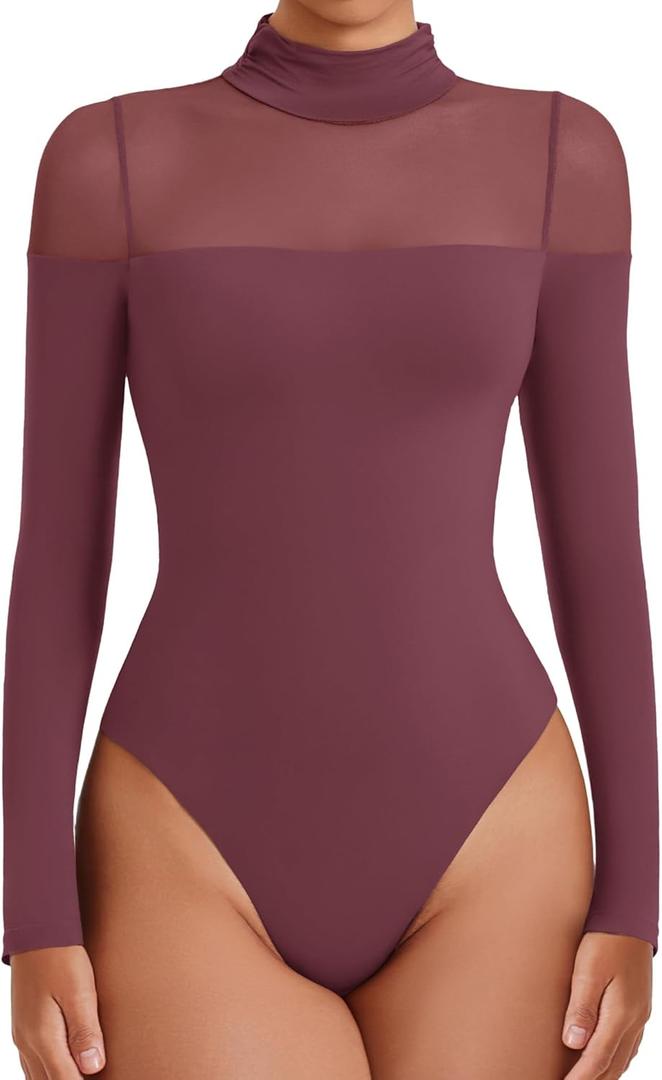 Avidlove Women's Long Sleeve Bodysuits Thong Turtle Neck Body Suit Mesh Going Out Leotard Tops One Piece (Large, Purple Red)