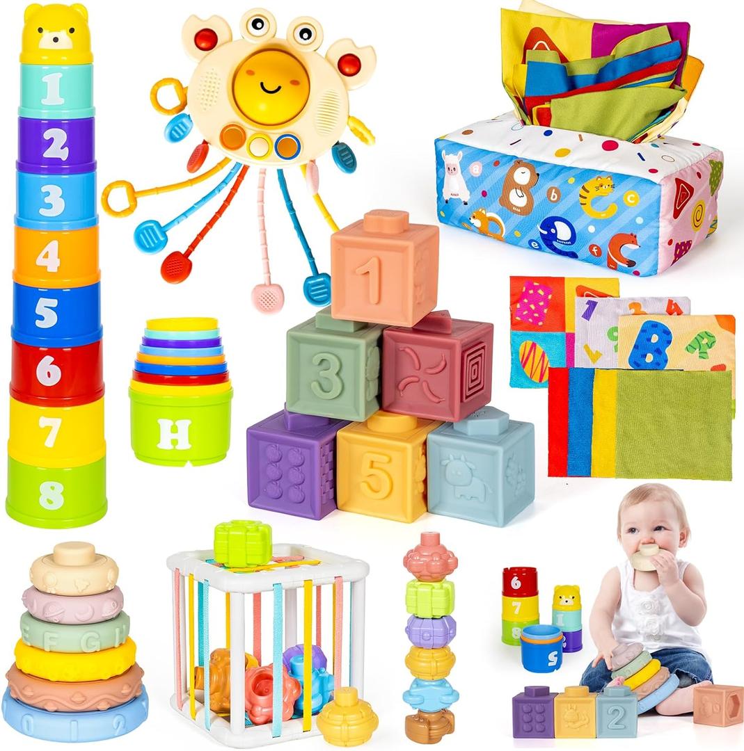 6 in 1 Montessori Toys for Babies Newborn Stacking Block Soft Infant Ring Shape Learning Sensory Bin Pull String Teething Toy Tissue Box for Toddlers 18M+ 2 3 Year Old Boy Girl Gift