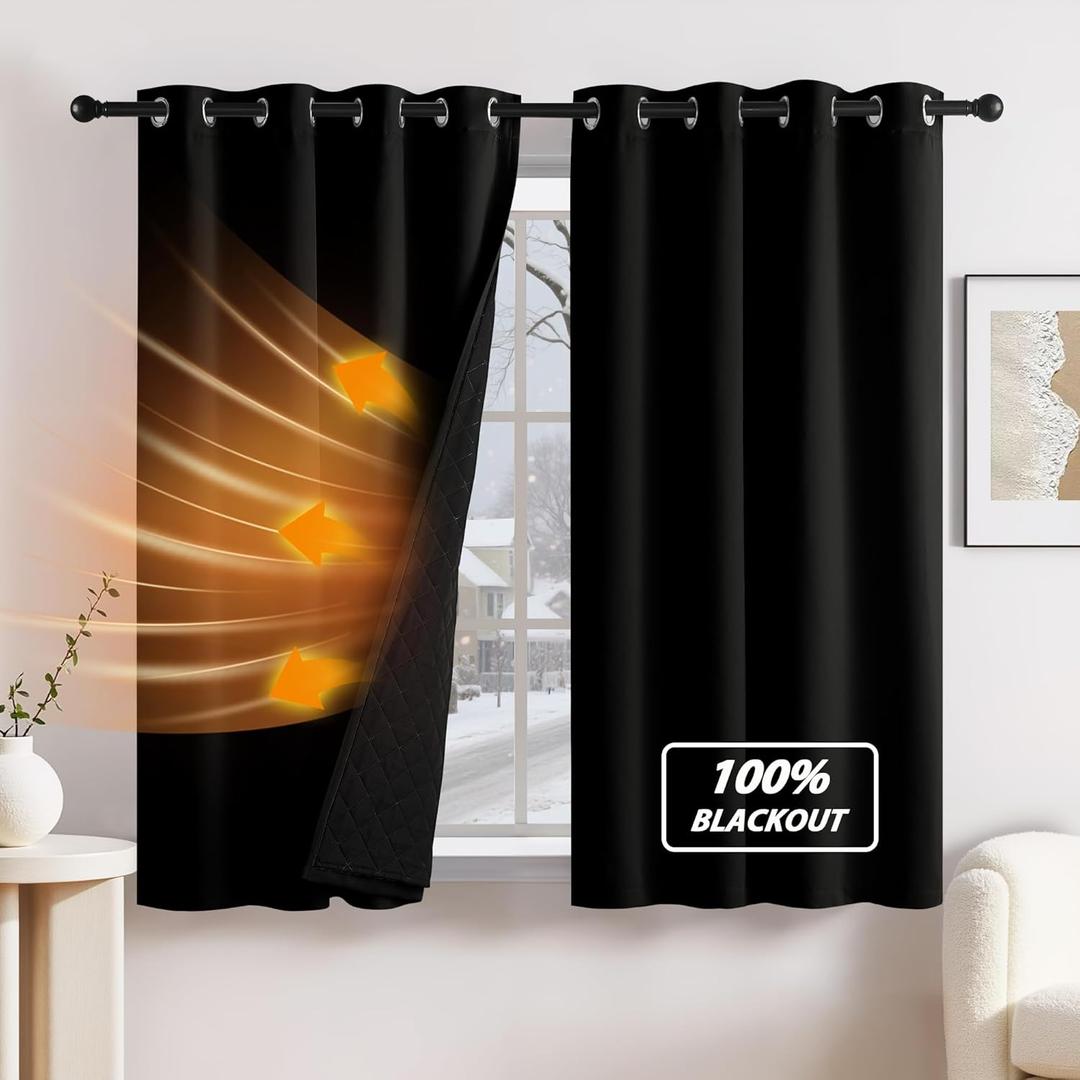 NICETOWN Black Blackout Curtains for Bedroom 63 Inch Long, Grommet Thermal Insulated 3 in 1 Soundproof Curtains with Black Liner Room Darkening Window Drapes for Living Room, Each Panel 52 Inch Wide