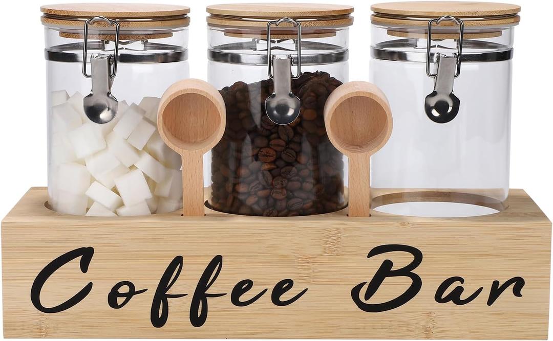54 oz Glass Coffee Bean Storage Container with Shelf 3PCS Glass Containers with Airtight Locking Clamp Lid Spoons Coffee Canister Set Jars for Kitchen Food Storage Tea Sugar Wood