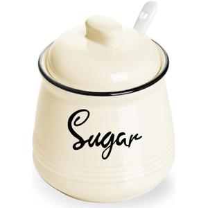 HAOTOP Farmhouse Porcelain Sugar Bowl with Lid and Spoon 12oz,Easy to Clean (Beige)