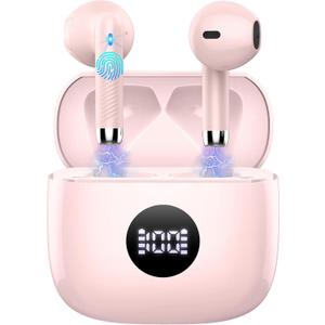 Wireless Earbuds, Bluetooth 5.4 Ear Buds LED Power Display Headphones Bass Stereo, Bluetooth Earbuds in-Ear Noise Cancelling Mic, 40H Playback Mini Case IP7 Waterproof Sports Earphones for Android iOS (Pink)