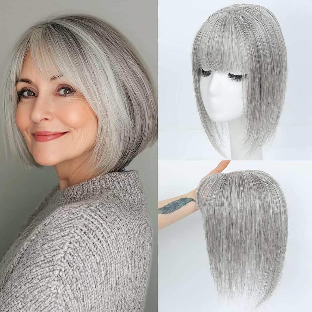 Hair Toppers for Women With Thinning Hair Silver Gray Color 11 Inches Topper Real Human Hair for Solve HairLoss Add Volume