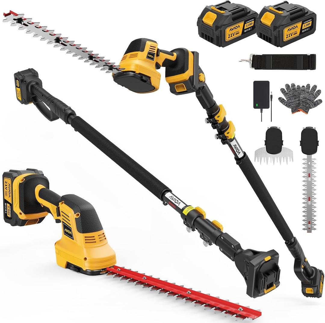 Pole Hedge Trimmer Cordless - Electric Hedge Trimmer & Grass Shear with 2x3000mAh Batteries,180 Adjustable Angle, 16 Ft Reach, Hedge Trimmers Cordless with Battery