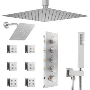 Thermostatic Shower System Dual Shower Heads with 16" Ceiling Mounted Rain Shower Head & 6" Wall Mounted Head 4 Function Shower System with body jets Can All Run Together, Brushed Nickel