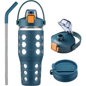 MUKOKO 32 oz Glass Tumbler with Straw,Glass Water Bottles with Time Marker,Iced Coffee Cup with 2 Lids-Handle Spout Lid&Straw Lid,Silicone Sleeve,Leakproof,1 Pack-Blue