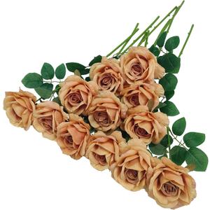 ATFL Brown Roses,12 Pcs Brown Flowers, Floral Diameter 4'',Artificial Fake Faux Silk Roses with Stems for Wedding Arrangement Centerpieces Party Home Table Decorations (Toffee)