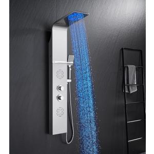 POPFLY Shower Panel Tower System with Shelf, LED Mist & Rain Shower Head, 304 Stainless Steel Shower Tower, 2 Body Jets, Tub Spout, Brushed