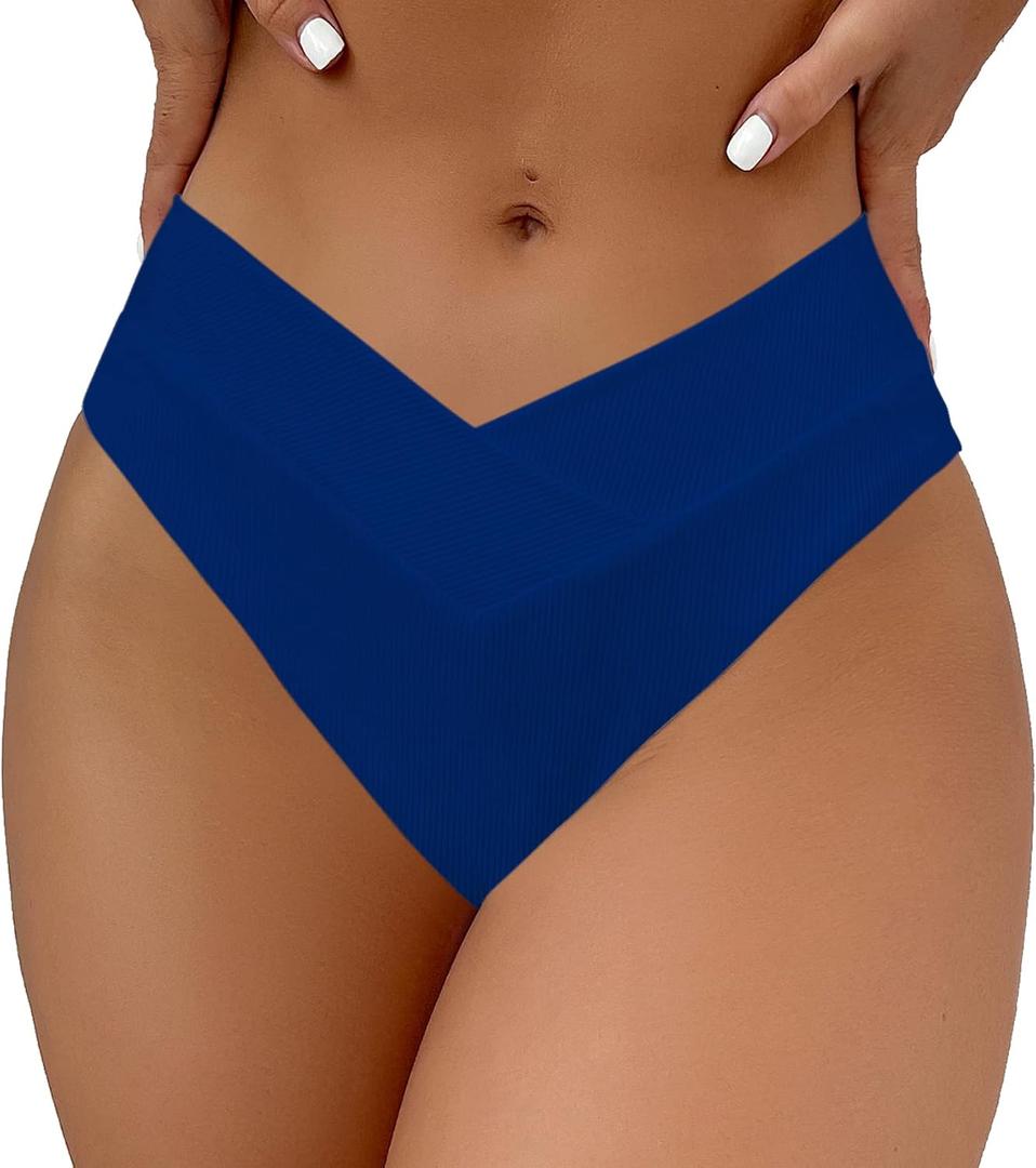 Leoparts Women's V Cut High Waisted Bikini Bottom Ribbed High Cut Cheeky Swimsuit Bathing Suit Bottoms (Royal Blue 824)