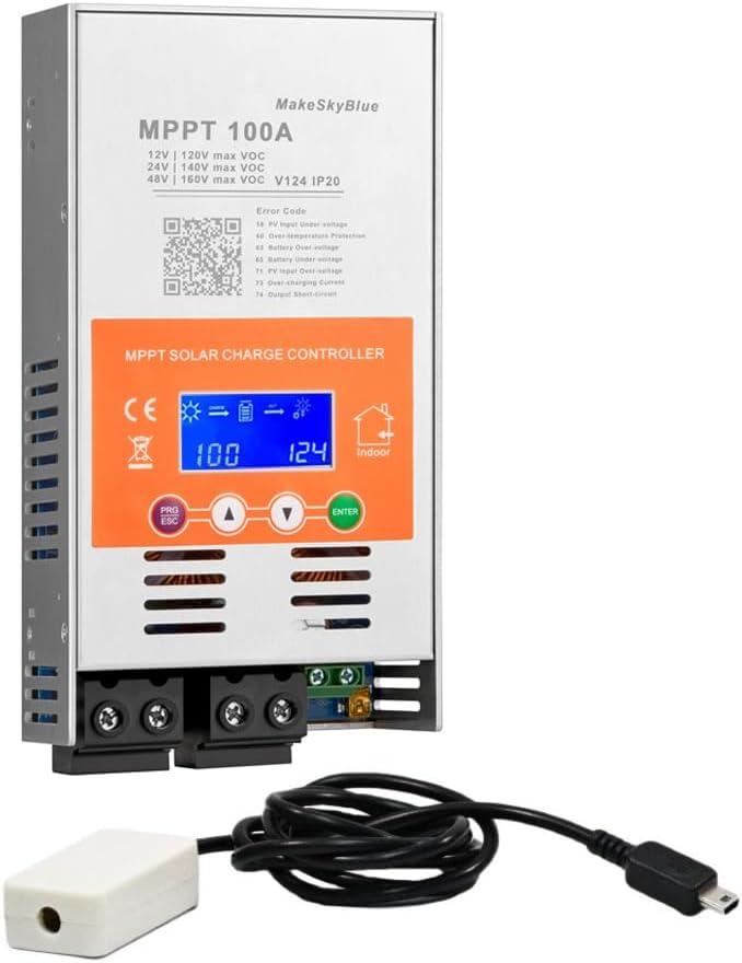 Upgraded V124 100A MPPT Solar Charge Controller, 12V/24V/48V Auto, Max 160V PV Input, LCD Display, Compatible with Lithium, LiFePO4, AGM, Gel, Lead-Acid Batteries