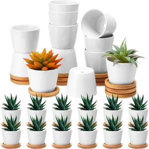Hsei 24 Pack 2.5 Inch Mini Succulent Plant Pots Small Ceramic Flower Pot with Bamboo Tray Garden Cactus Herb Container, Home Office Decoration for Birthday Wedding(White)