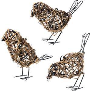 Natural Farmhouse Decor Set of 3 - Handwoven Rattan Bird Statue Table Decor, Multi-Pose Shelf & Mantel Accents (Coffee)