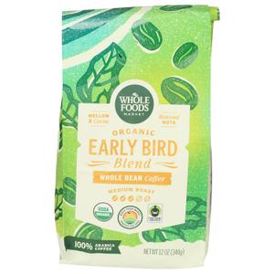 Whole Foods Market, Organic Early Bird Blend, Medium Roast Whole Bean Coffee, Cocoa & Roasted Nuts, 12 Ounce (EXP 05/31/26)