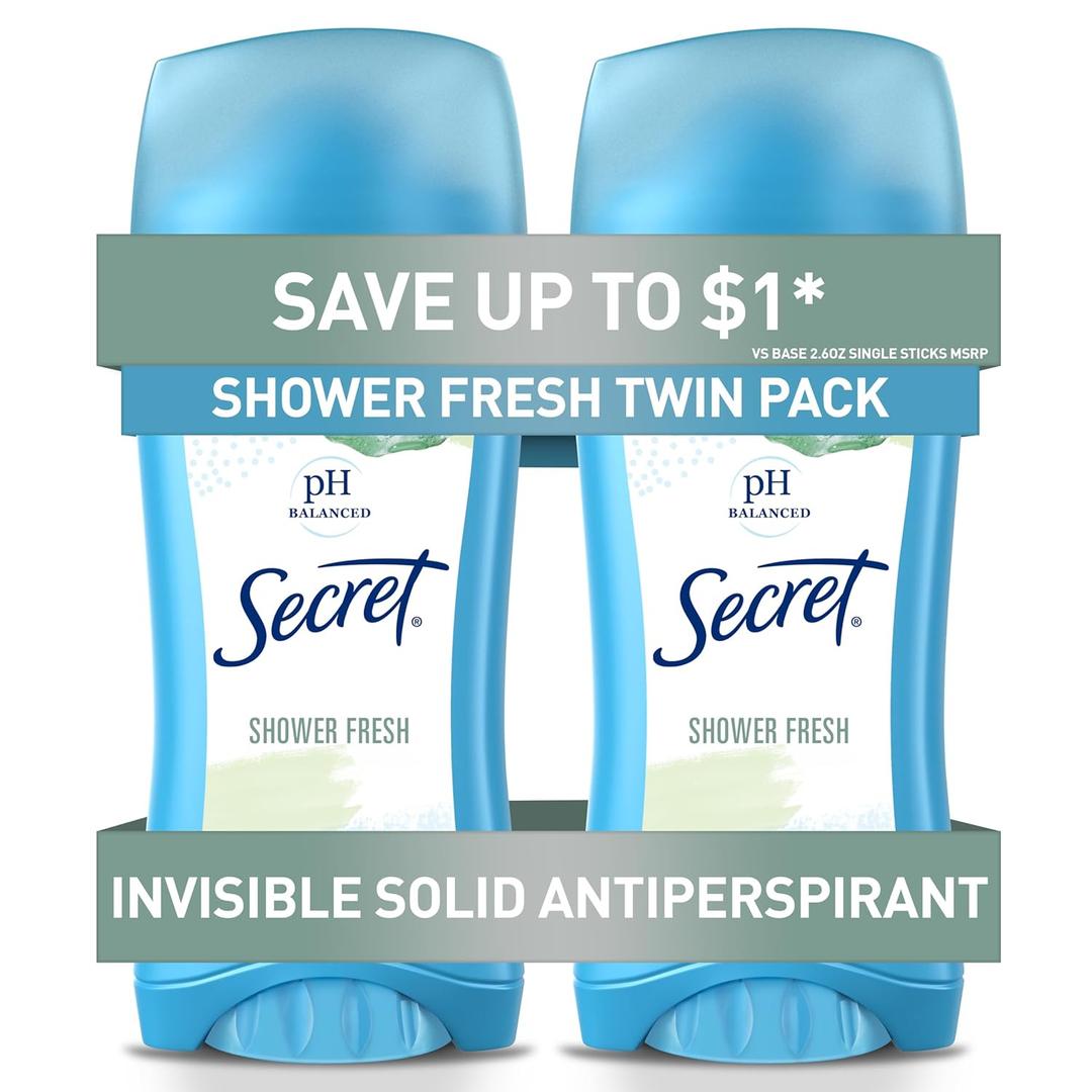Secret Antiperspirant and Deodorant for Women, 24hr Sweat & Odor Protection, PH Balanced Protection, Gentle on Skin, Invisible Solid, Shower Fresh Scent, 2.6 oz (Pack of 2)