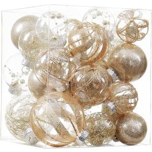 Clear Christmas Ball Ornaments,24ct Shatterproof Plastic Decorative Christmas Ornaments Hanging Xmas Tree Baubles Set with Stuffed Delicate Glittering Decorations for Holiday Party Decor (Champagne) (Multi-Size/24-Pack)