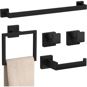 5-Pieces Matte Black Bathroom Accessories Set, 23.6 Inch Bath Towel Bar Set, SUS 304 Stainless Steel Bathroom Hardware Set, Towel Racks for Bathroom Wall Mounted.