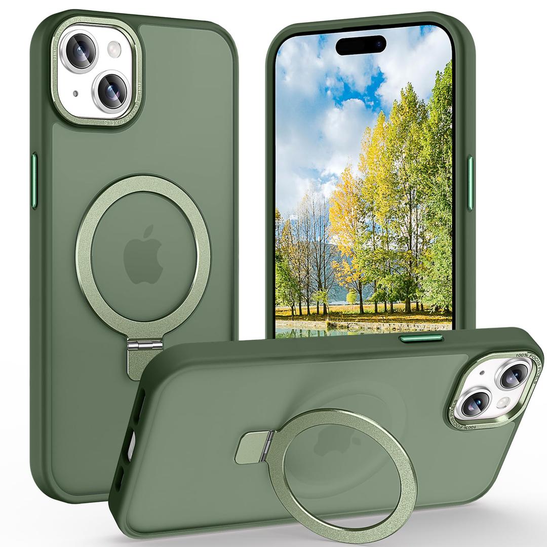 Lufanbis Magnetic for iPhone 15 Plus Case with Ring Stand, [10 FT Drop Protection] Translucent Matte Back Shockproof Phone Case for iPhone 15 Plus 6.7'', Midnight Green