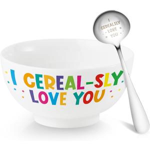 R HORSE Cereal Bowl and Spoon Set Colorful Funny Cereal Bowl with Engraved Spoon Gift Set for Salad Soup Ice Cream, Oatmeal Breakfast Bowl Cereal Fruit Tableware Kit for Kid Cereal Lovers