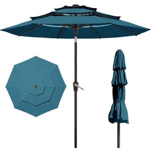 Patio Kingdom 10FT Patio Umbrella 3 Tiers Outdoor Market Umbrella w/Push Button Tilt, Crank, UV and Waterproof Table Umbrella for Garden, Pool, Backyard, Deck, Lawn, Lake Blue