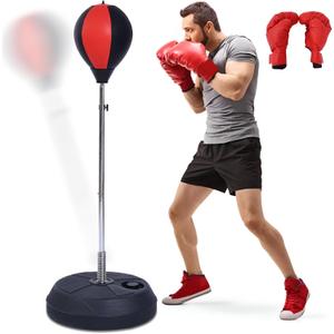 Punching Bag with Stand Height Adjustable Freestanding Boxing Speed Bag with Reflex Bar, Home Gym Training Equipment for MMA Fitness Stress Relief (Red)