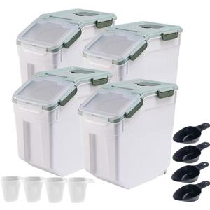 RUIAN Large Airtight Storage Container,25lb Flour Rice Storage Containers Bin with Wheels Seal Locking Lid, with Measuring Cup&Scoop for Flour, Rice, Grain100LBS Total(Green, 4PCS)