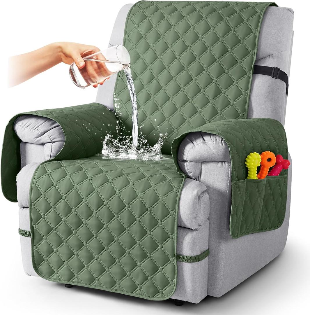 TAOCOCO 100% Waterproof Recliner Covers, Recliner Sofa Covers with Leg Straps, Reversible Recliner Couch Cover for Reclining Chair, Washable Couch Protector for Pets Kids(1 Seater 22", Moss Green)