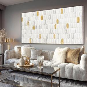 YETHEN WAL White and Gold Abstract Wall Art, Textured Geometric Canvas Painting, Neutral Modern Minimalist Wall Decor for Living Room Bedroom Office 20x40 Inch