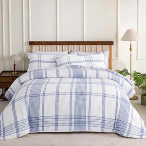 Sophia & William Cotton Comforter Cover Set Queen Size, Waffle Weave White Duvet Cover Set 3 Piece, White + Blue
