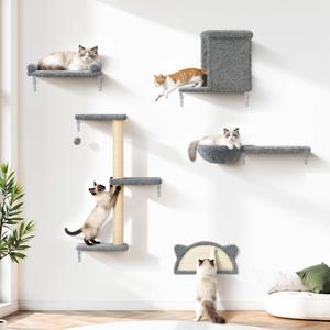 5-in-1 Cat Wall Shelves, Solid Wood & Velvet & Sisal Scratcher, 44lbs Max Load, Wall Mounted Cat Furniture for Climbers, Cat Climbing Wall System, Fits Drywall & Solid Walls - Light Gray