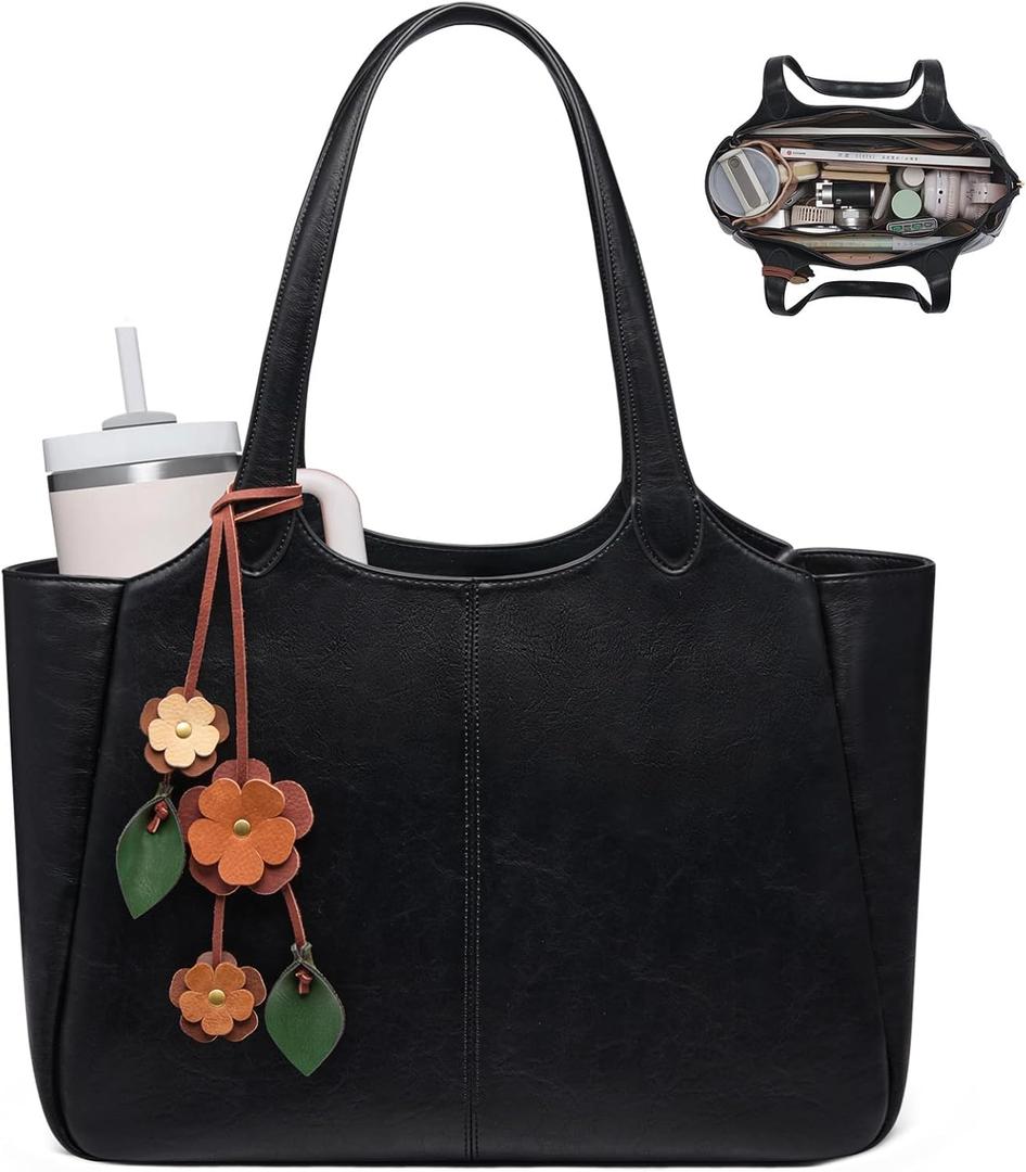 LOVEVOOK Tote Bag for Women, Leather Vintage Work Bag with 40oz Cup Holder,Nurse Teacher Shoulder Bag,Roomy,6 Pockets