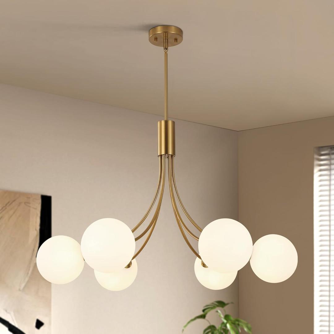 6-Light Modern Farmhouse Gold Chandeliers for Dining Room Light Fixture, Mid Century Hanging Sputnik Chandelier for Living Room Kitchen Island Bedroom Foyer, Milk White Globe Glass Shade