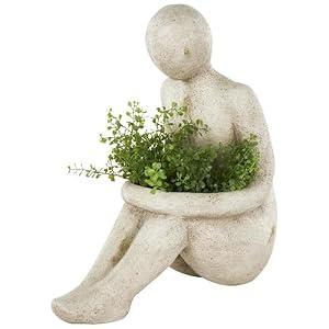 Deco 79 Polystone People Indoor Outdoor Planter Sitting Small Planter Pot, Planter 16" x 8" x 17", Cream