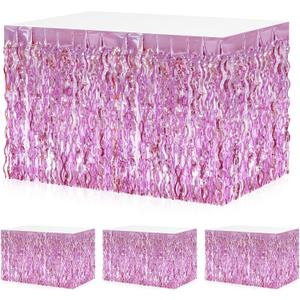 4 Pack Wavy Table Skirt - Metallic Foil Tinsel Fringe Table Skirts - Pink, Gold | 108" x 29.5" - Perfect for Birthday, Anniversaries & Parties
