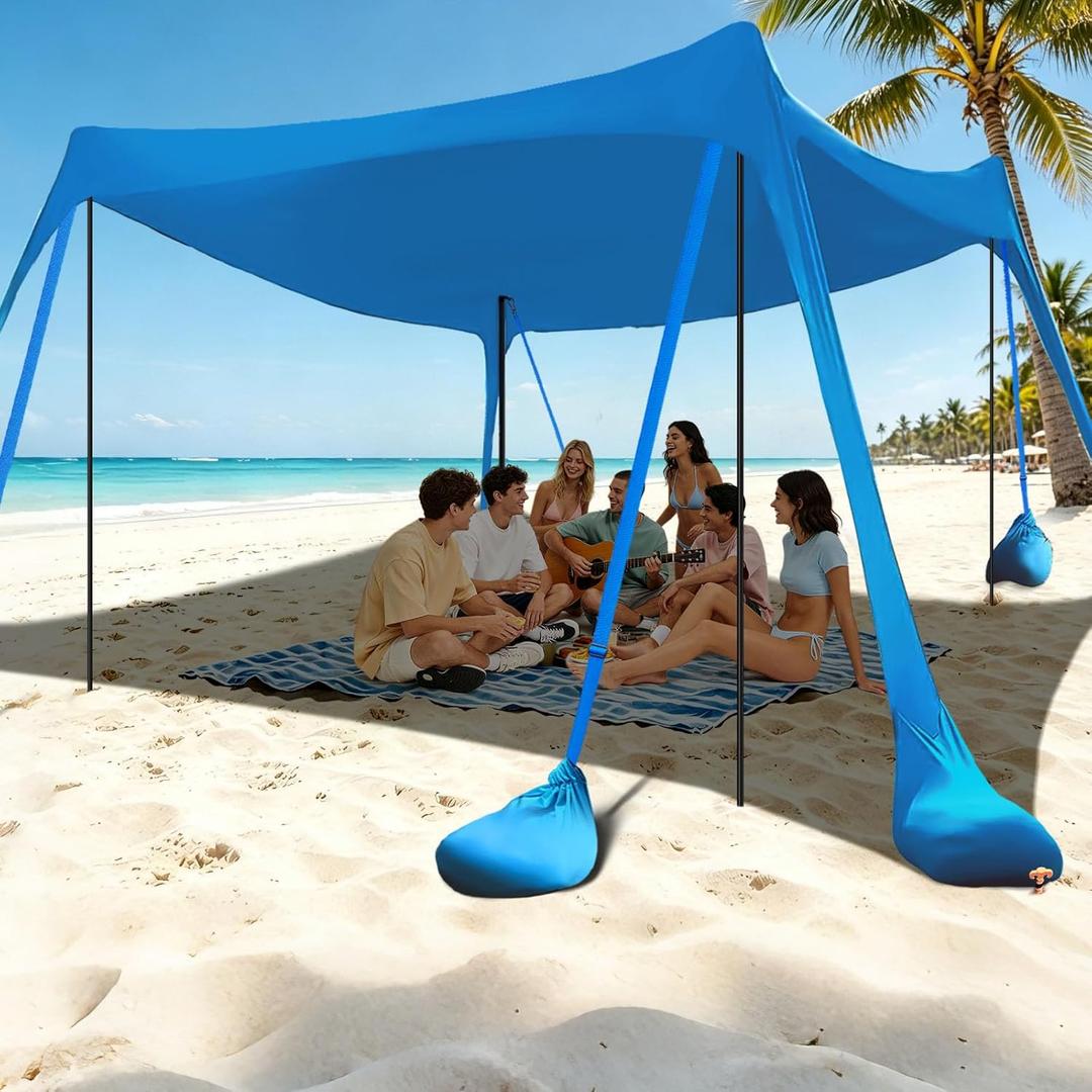 besuhot Beach Tent Sun Shelter 10x10FT Beach Shade Canopy with 8 Sandbags, UPF 50+ Protection Beach Shade Canopy, Outdoor Tent for Beach Camping Trips, Fishing, BackyardLight Blue