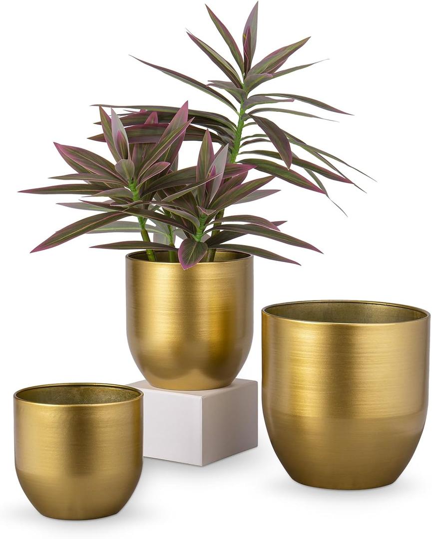 Briful Set of 3 Gold Galvanized Buckets Multi-Size Rustic Chic Metal Planters for Home Centerpieces Table Decorations, Farmhouse Garden Round Metal Pots for Flowers Plant Herb(4.7''/5.3''/6.5'')