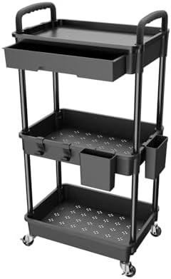 3 Tier Rolling Utility Cart with Drawer,REBECAT Utility Cart Made of Multifunctional Storage Organizer Tool for Kitchen,Bathroom,Living Room,Office (Black)