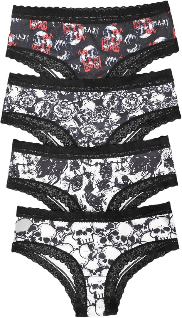 Women's 4 Pack Halloween Graphic Lace Hipster Panties Set Low Rise Underwear Briefs (XL)